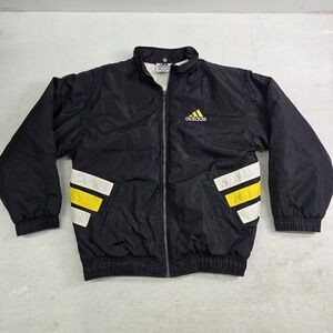 Vintage Adidas Puffer Jacket Black Yellow Striped Embroidered Youth‎ Teens Sz L